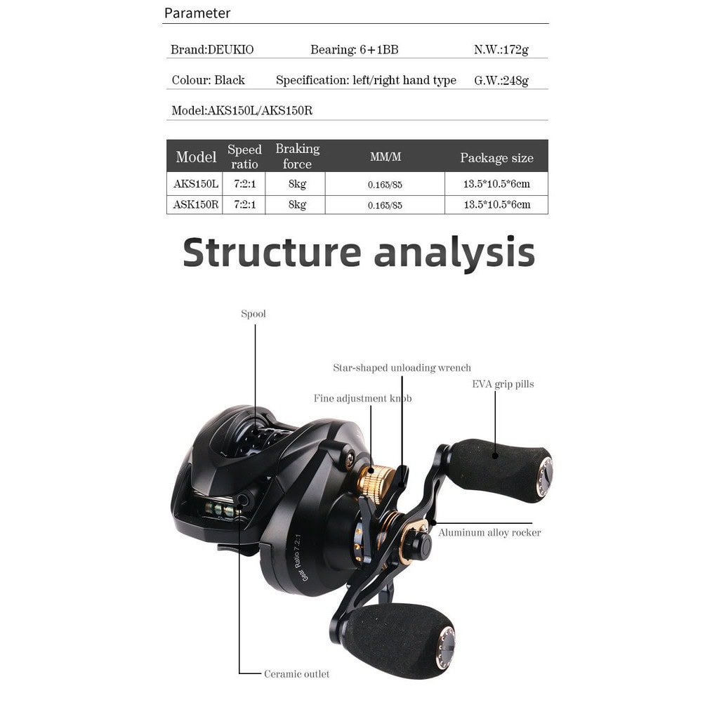 DEUKIO AKS151 150 BC 8kg Max Drag 7.2:1 Ratio 6+1BB Bait Casting Reel Ultralight UL Fishing reel mesin pancing - Image 6